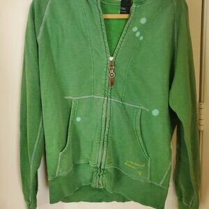 Diesel Vintage Zip Front Green Hoodie 2 Pocket One Embroidered Leather Toggle